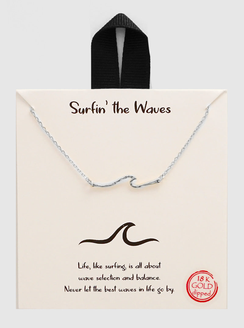 White Gold Dipped Textured Metal Wave Pendant Necklace