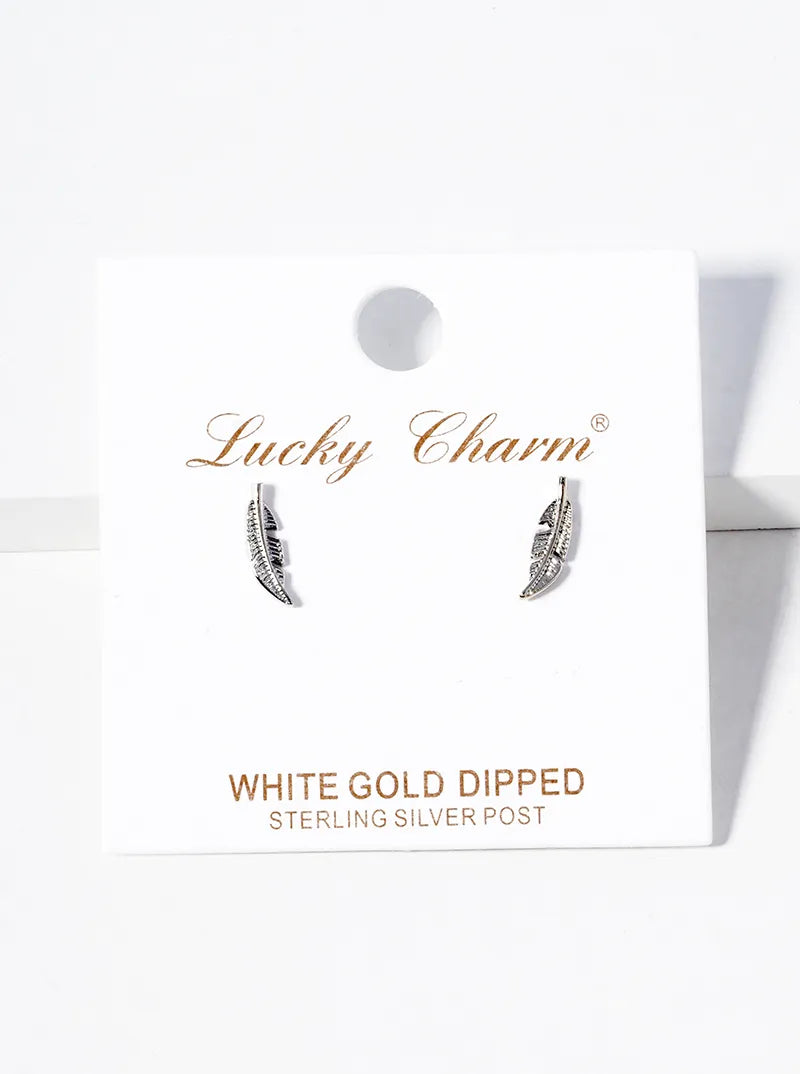 White Gold Dipped Textured Tiny Leaves Post Stud Earrings