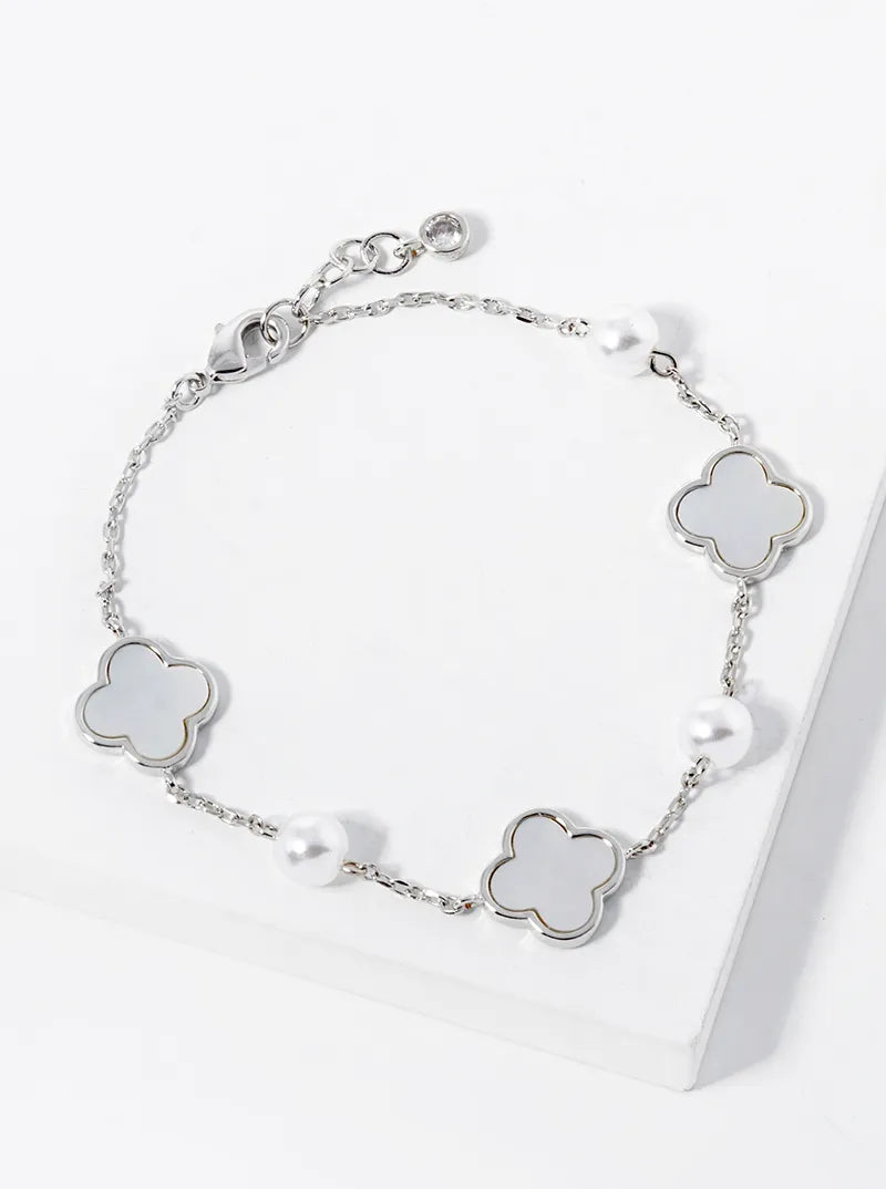 White Gold Dipped Three 11mm Quatrefoil With Pearl Beads Bracelet