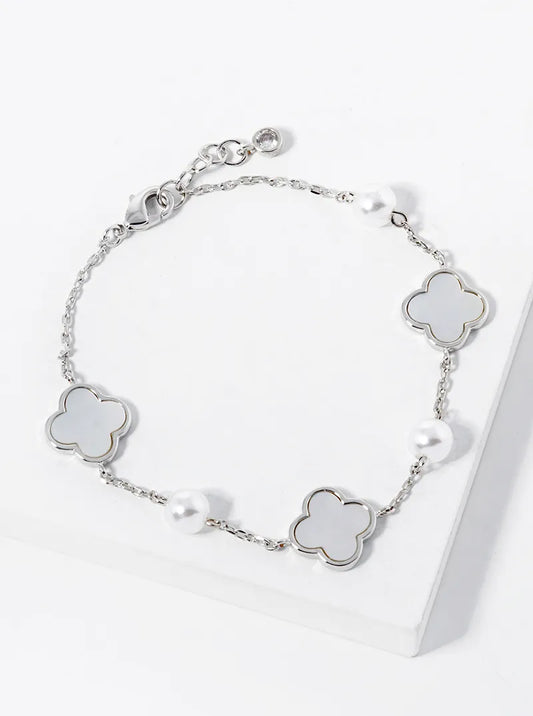White Gold Dipped Three 11mm Quatrefoil With Pearl Beads Bracelet