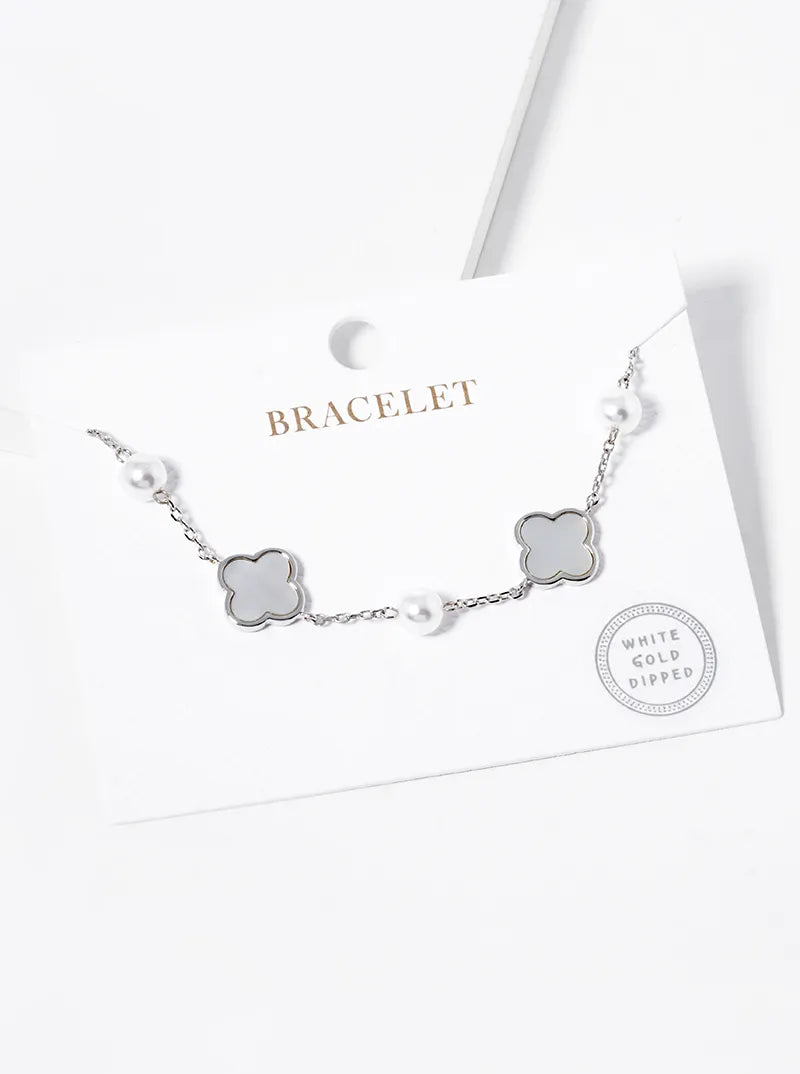 White Gold Dipped Three 11mm Quatrefoil With Pearl Beads Bracelet