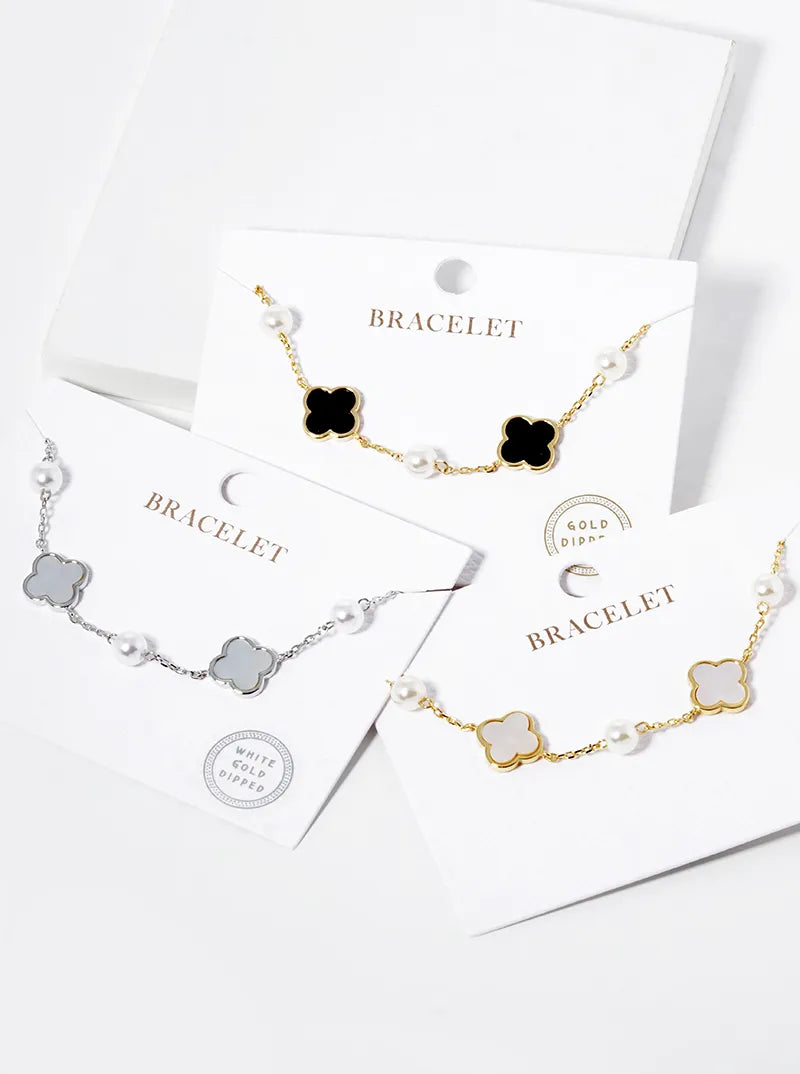 White Gold Dipped Three 11mm Quatrefoil With Pearl Beads Bracelet