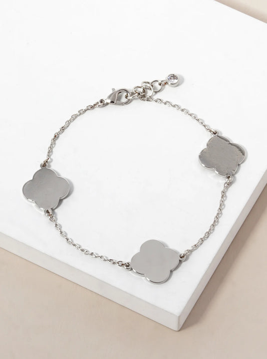 White Gold Dipped Three Brass Quatrefoil Chain Bracelet