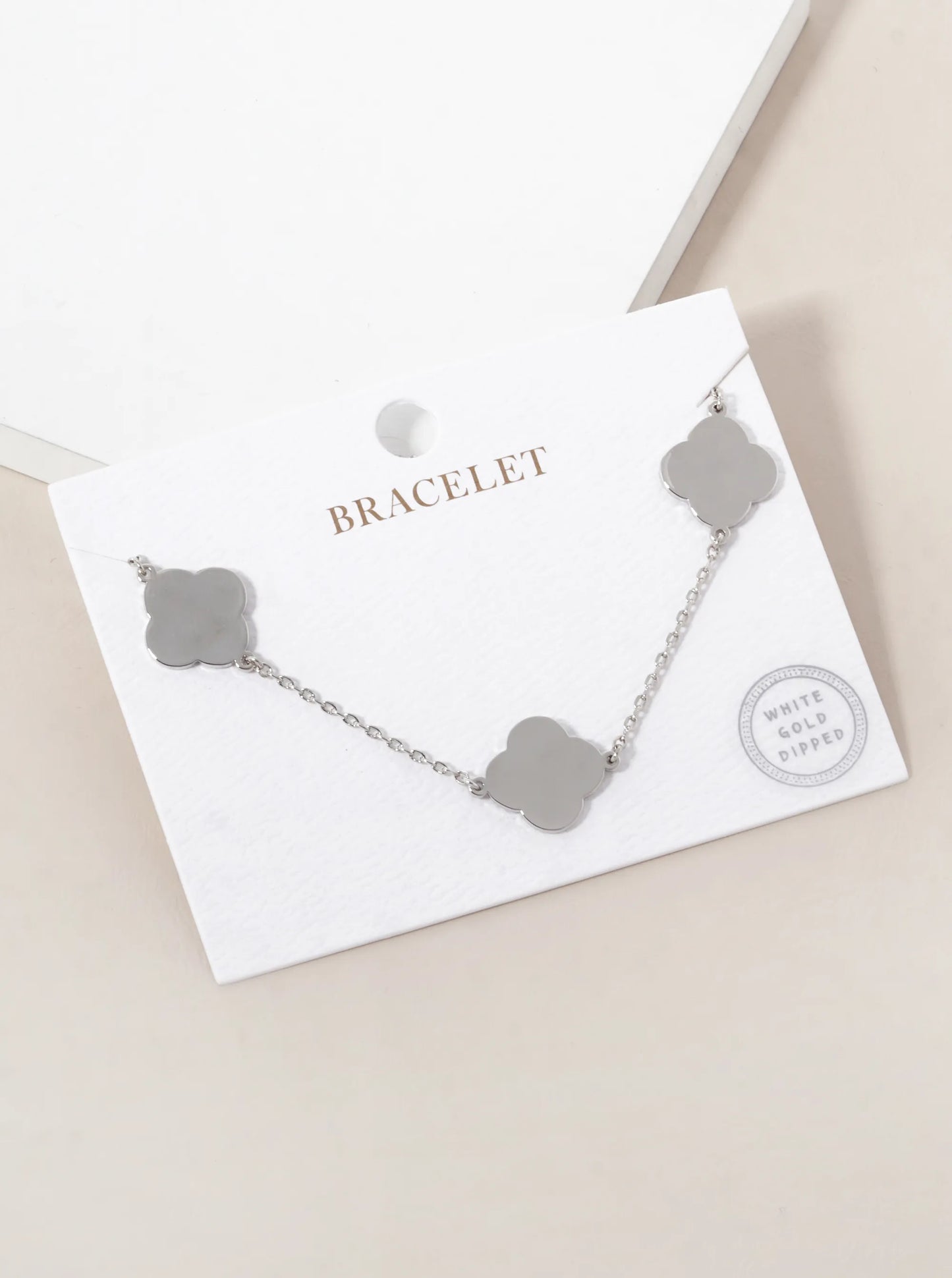 White Gold Dipped Three Brass Quatrefoil Chain Bracelet