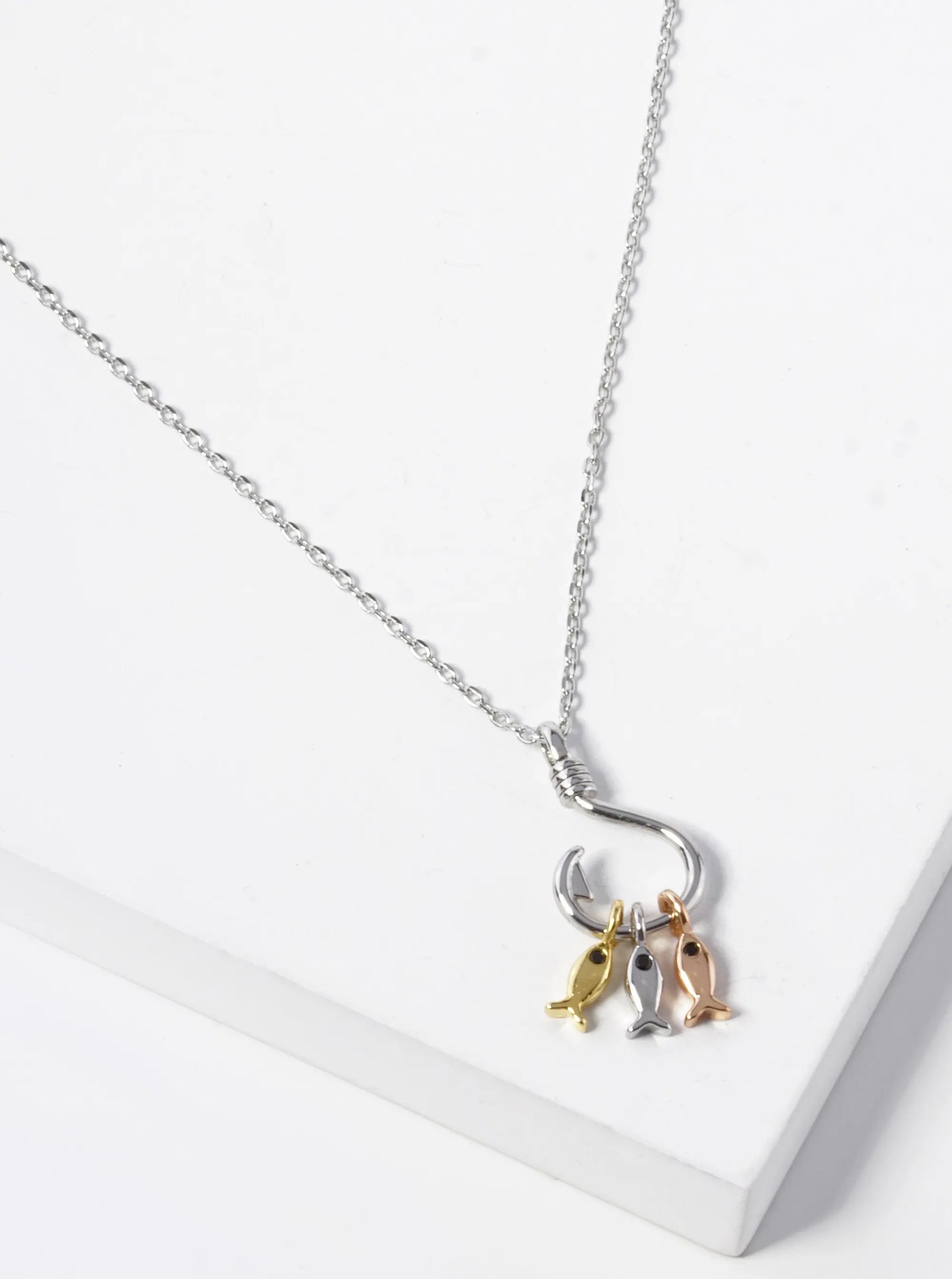 White Gold Dipped Three Fish With A Hook Pendant Necklace