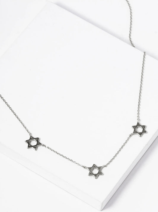 White Gold Dipped Three Star Of David Necklace