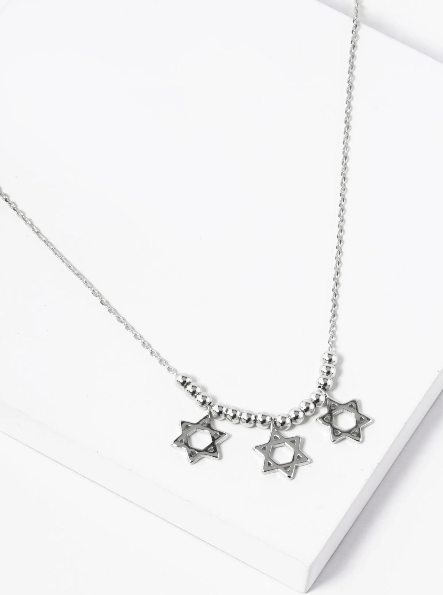 White Gold Dipped Three Star Of David With Metallic Beads Necklace
