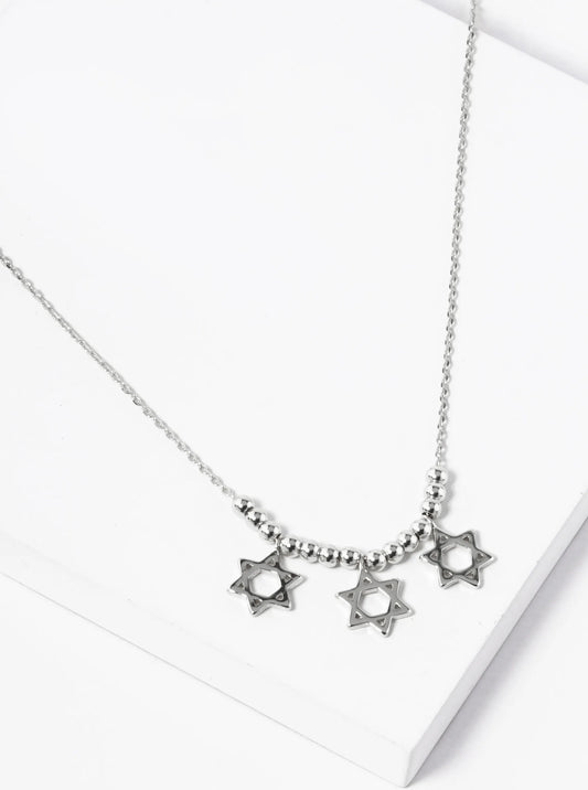 White Gold Dipped Three Star Of David With Metallic Beads Necklace