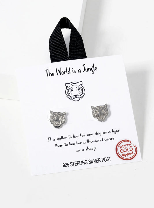 White Gold Dipped Tiger Stud Earrings
