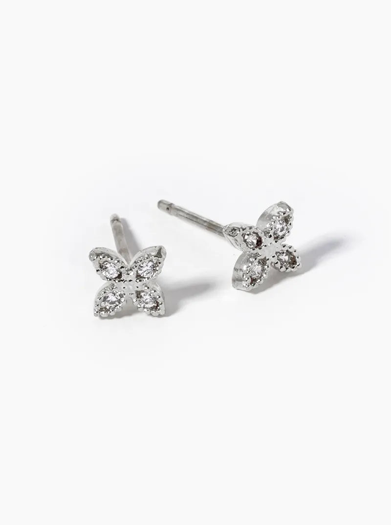White Gold Dipped Tiny CZ Pave Flower Post Stud Earrings
