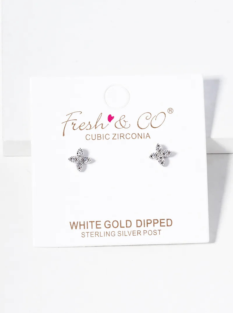 White Gold Dipped Tiny CZ Pave Flower Post Stud Earrings