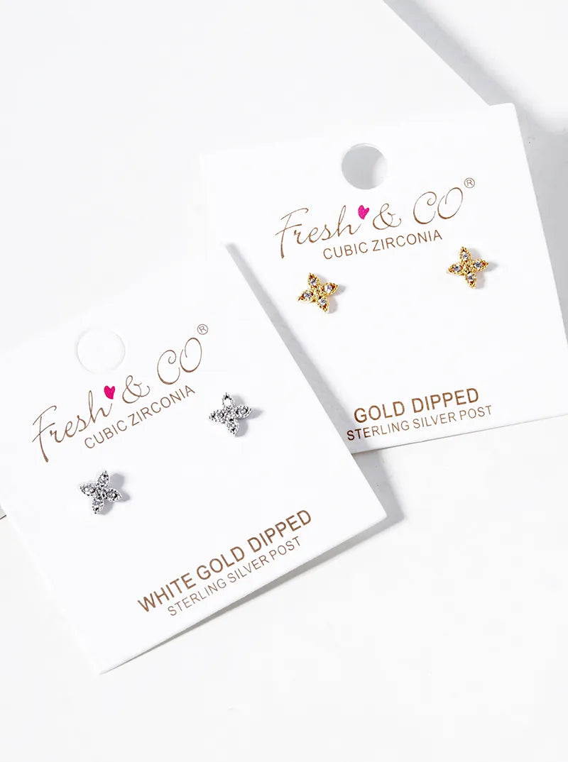 White Gold Dipped Tiny CZ Pave Flower Post Stud Earrings