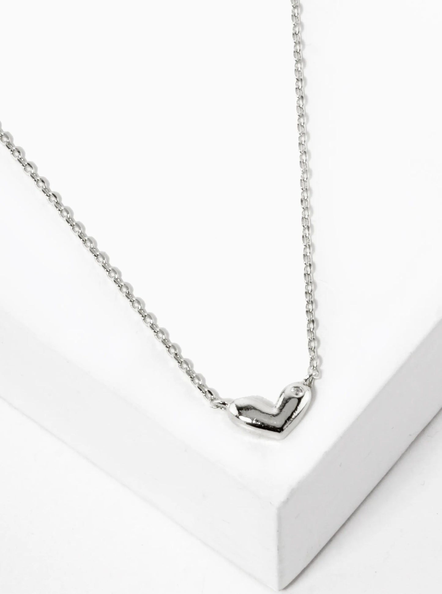 White Gold Dipped Tiny Heart With CZ Stone Pendant Necklace