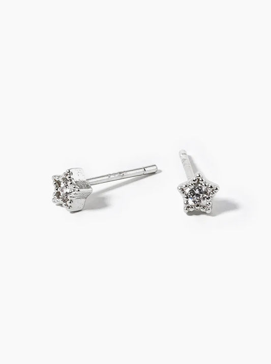 White Gold Dipped Tiny Star With CZ Stone Post Stud Earrings