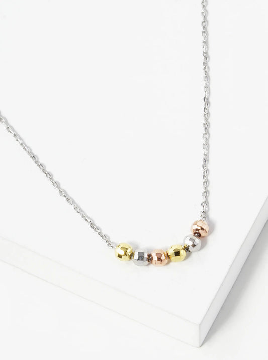 White Gold Dipped Tri Color Textured Beads Pendant Delicate Necklace