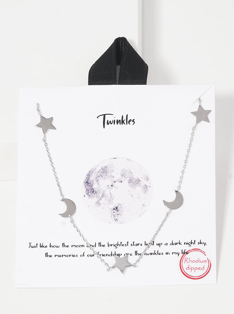 White Gold Dipped Twinkles Moon Star Delicate Station Necklace