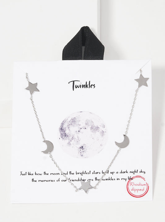 White Gold Dipped Twinkles Moon Star Delicate Station Necklace