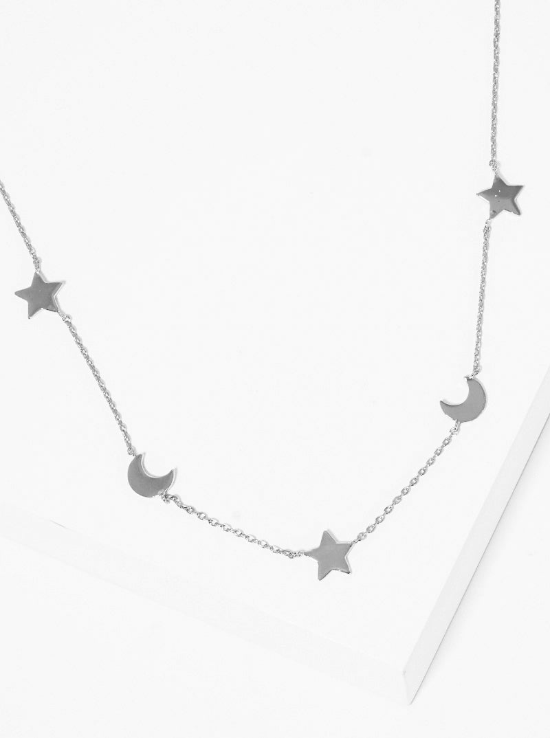 White Gold Dipped Twinkles Moon Star Delicate Station Necklace