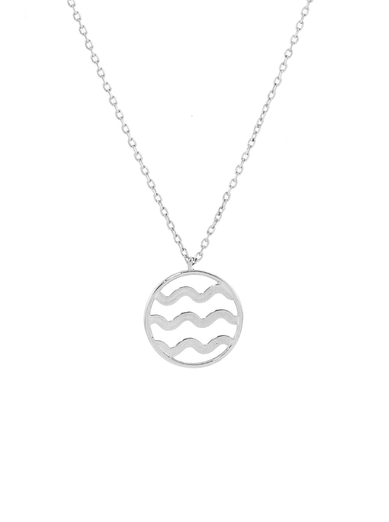 White Gold Dipped Wave Circle Pendant Necklace