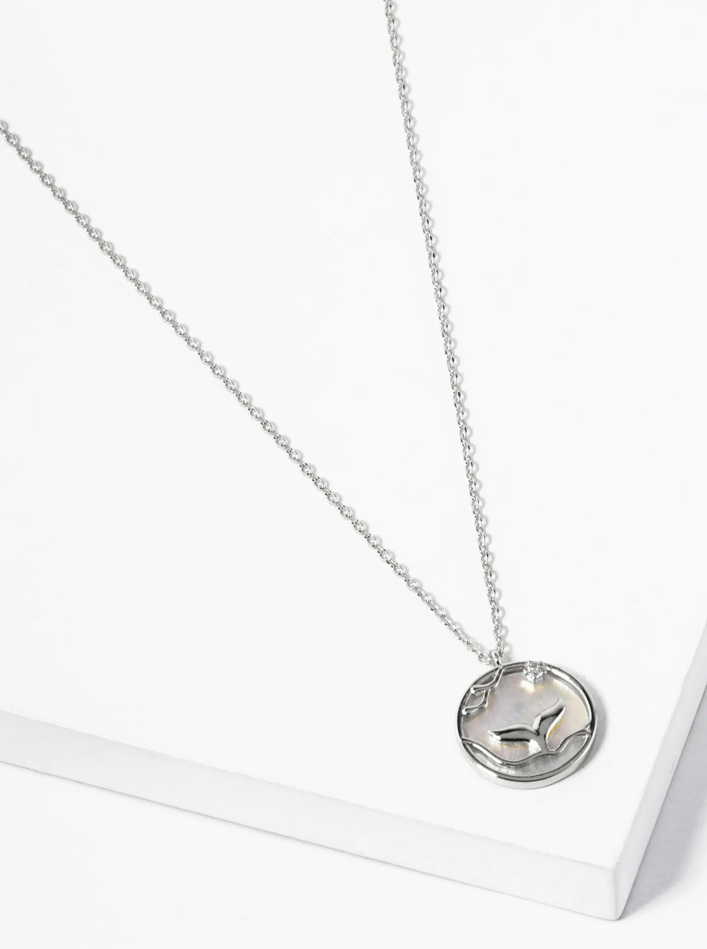 White Gold Dipped Whale Tail MOP Round Pendant Necklace
