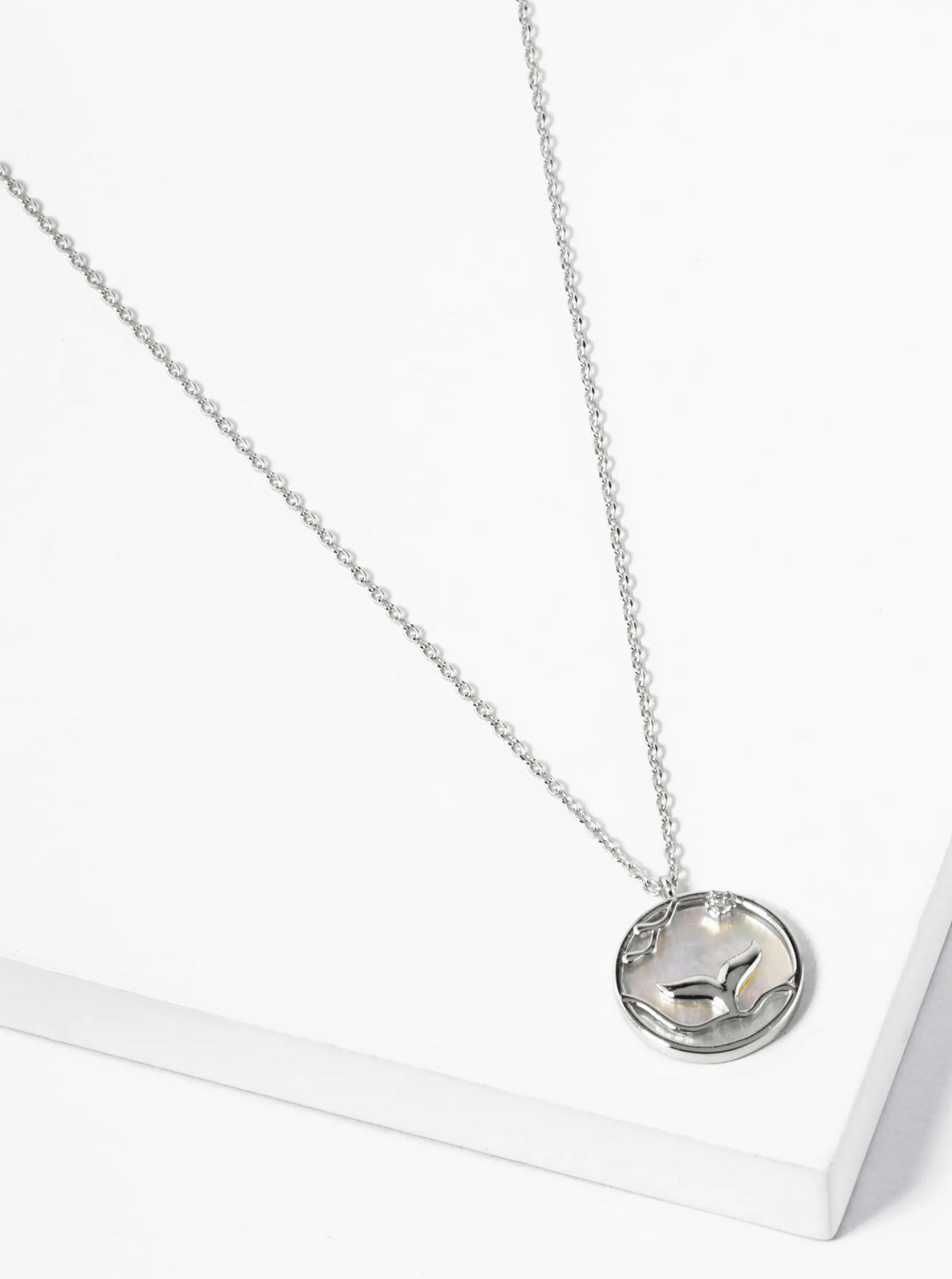 White Gold Dipped Whale Tail MOP Round Pendant Necklace