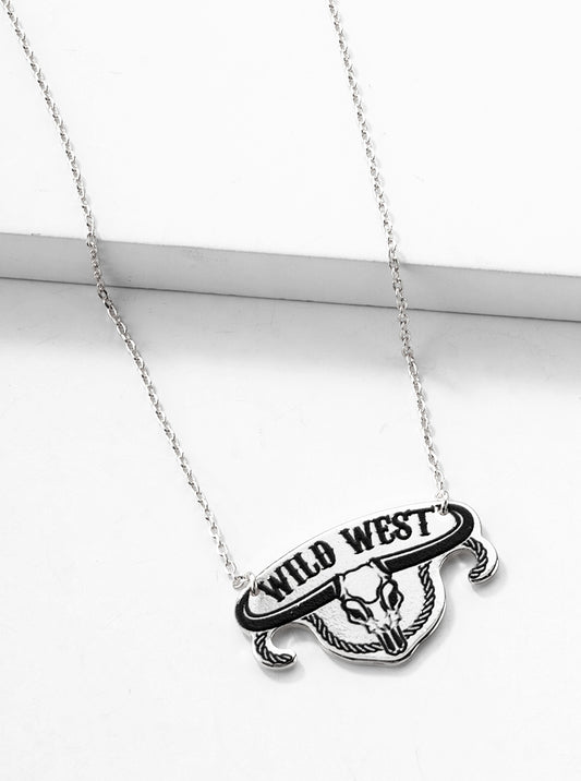 White Gold Dipped Wild West Null Head Skull Pendant Necklace