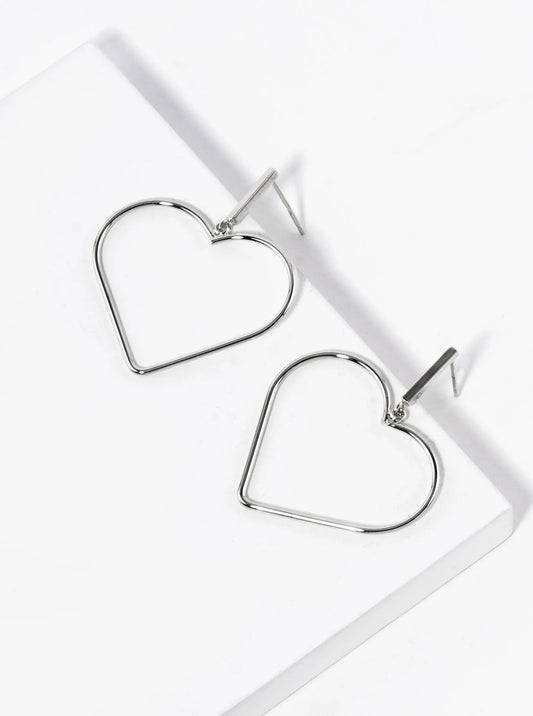 White Gold Dipped Wire Heart Drop Dangle Post Earrings