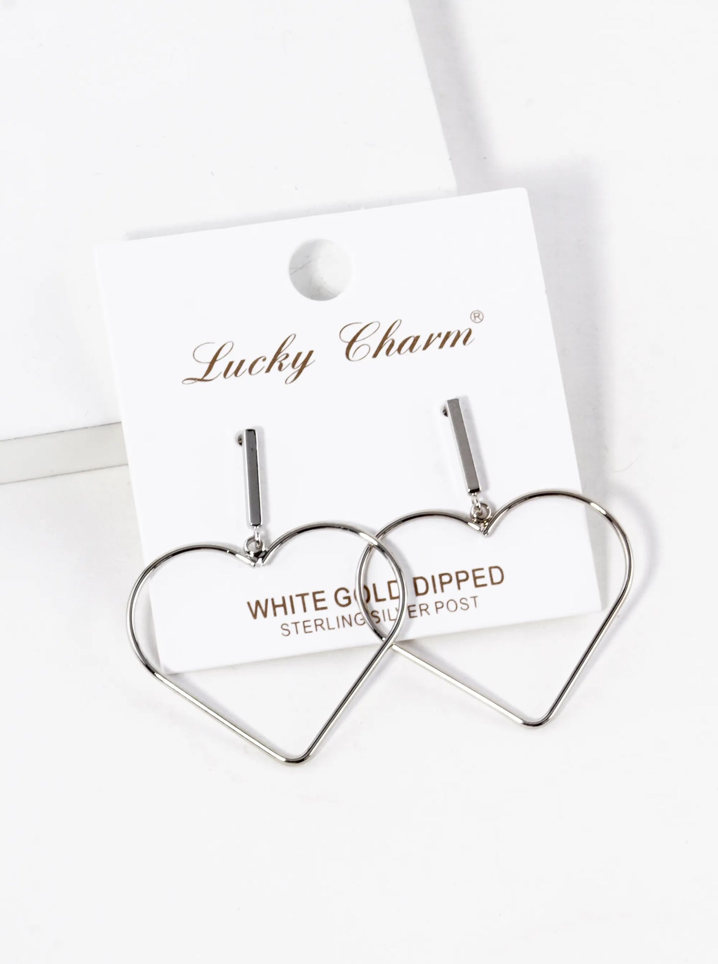 White Gold Dipped Wire Heart Drop Dangle Post Earrings