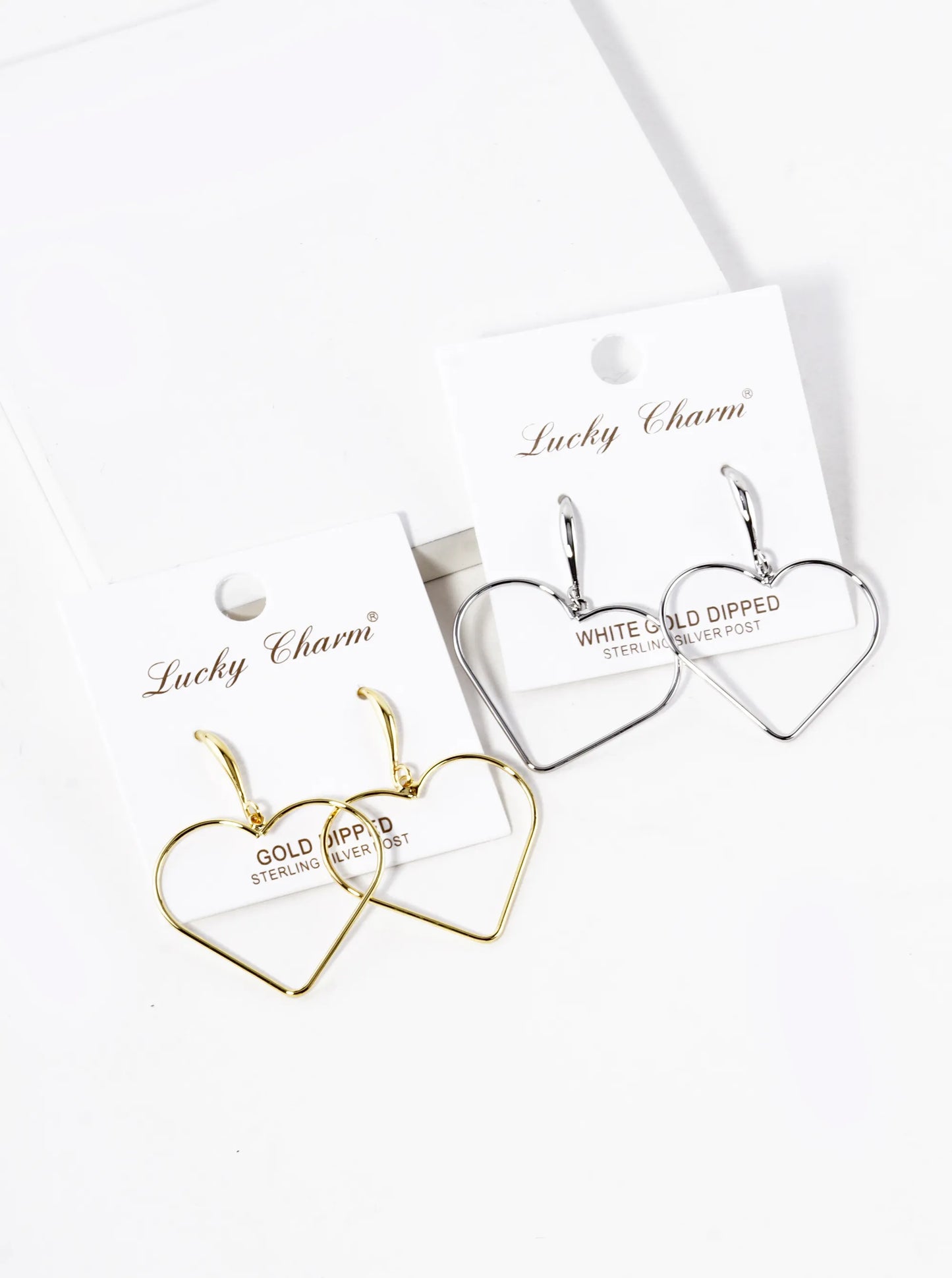 White Gold Dipped Wire Heart Drop Lightweight Earrings