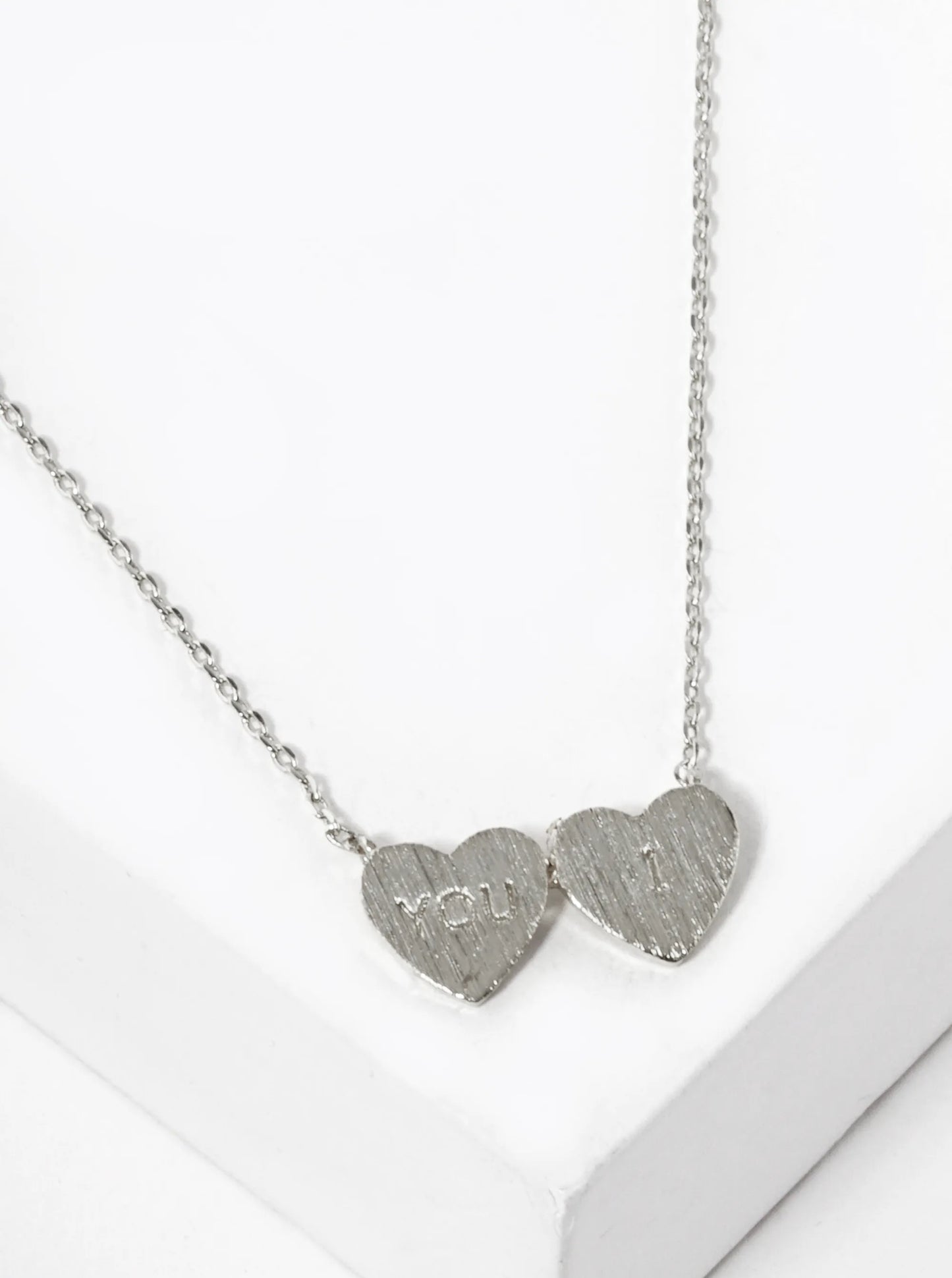 White Gold Dipped You And I Engraved Two Heart Pendant Necklace