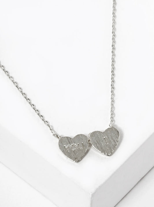 White Gold Dipped You And I Engraved Two Heart Pendant Necklace