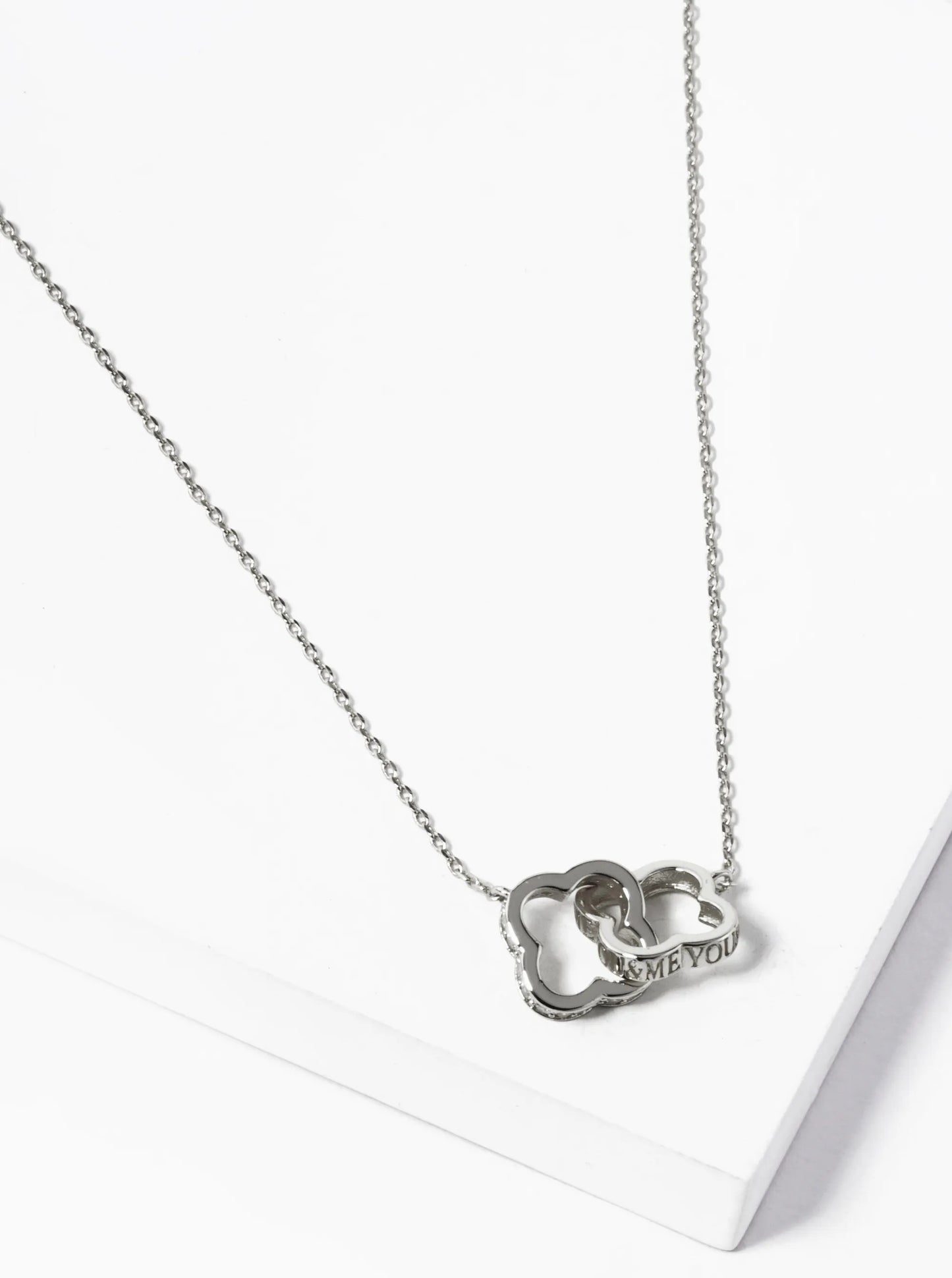 White Gold Dipped You And Me Engraved CZ Pave Interlocking Quatrefoil Pendant Necklace