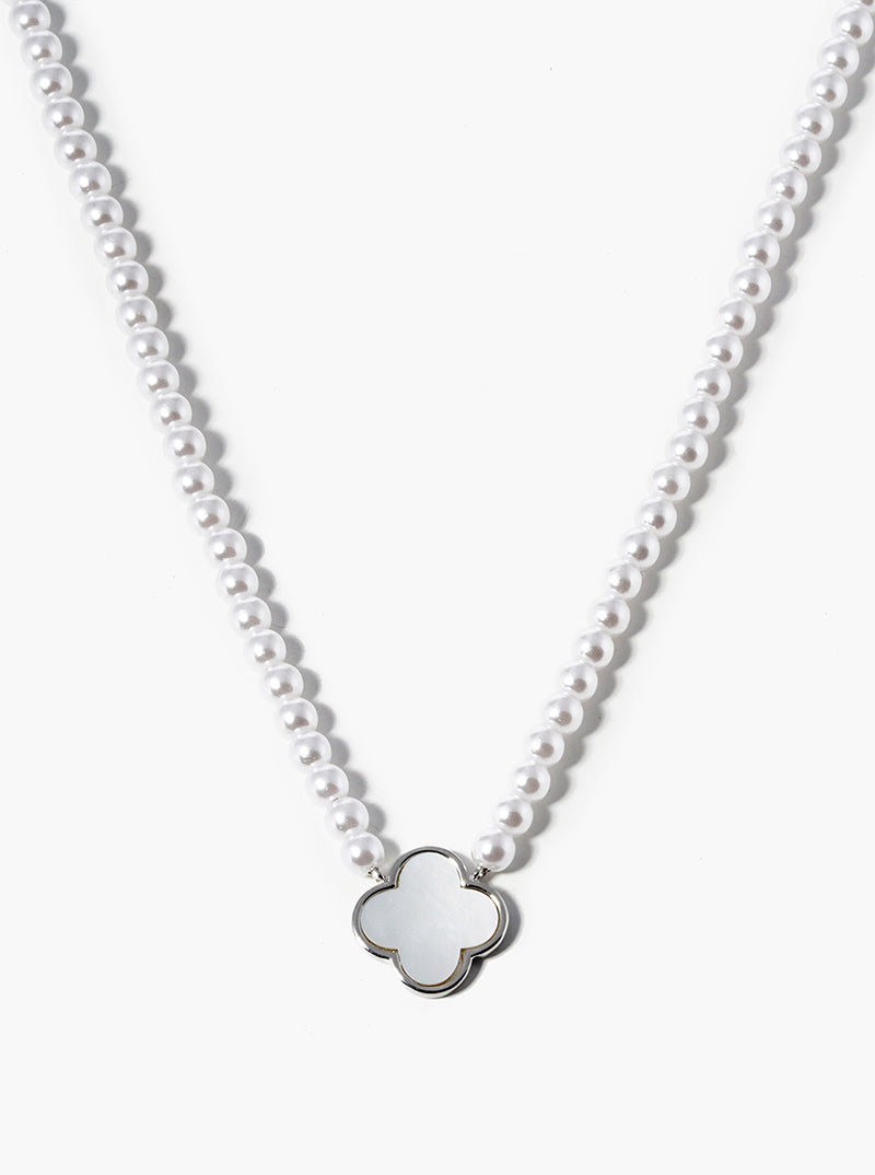 White Gold Dipped 12mm Mother Of Pearl Quatrefoil Pendant Necklace