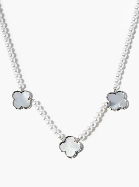 White Gold Dipped Three 10mm Mother Of Pearl Quatrefoil Pendant Necklace
