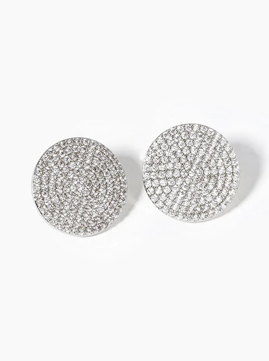 White Gold Dipped 15mm CZ Pave Round Statement Post Stud Earrings