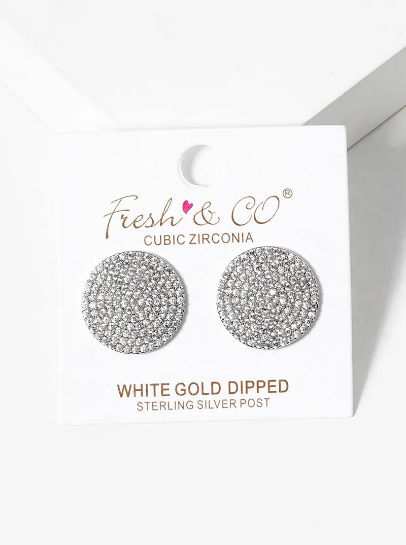 White Gold Dipped 15mm CZ Pave Round Statement Post Stud Earrings