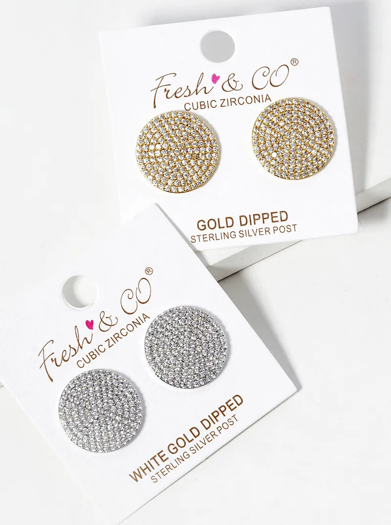 White Gold Dipped 15mm CZ Pave Round Statement Post Stud Earrings