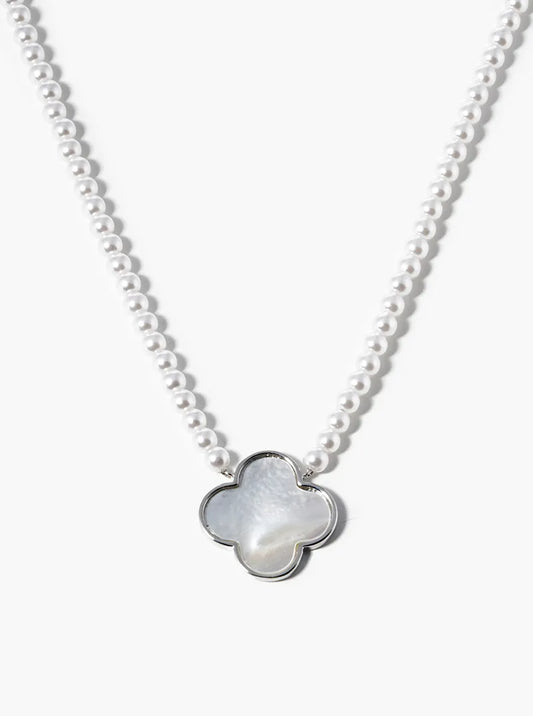 White Gold Dipped 20mm Mother Of Pearl Quatrefoil Pendant Necklace