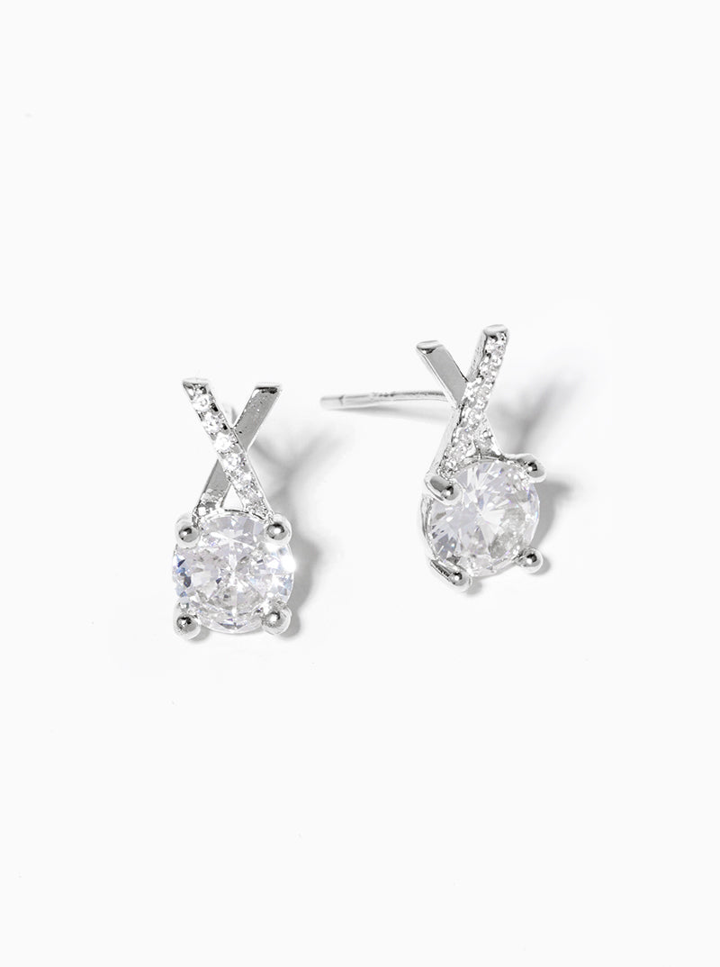 White Gold Dipped 4-prong CZ Drop X Shape Post Stud Earrings