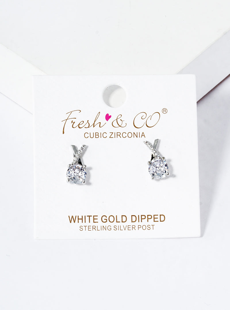 White Gold Dipped 4-prong CZ Drop X Shape Post Stud Earrings