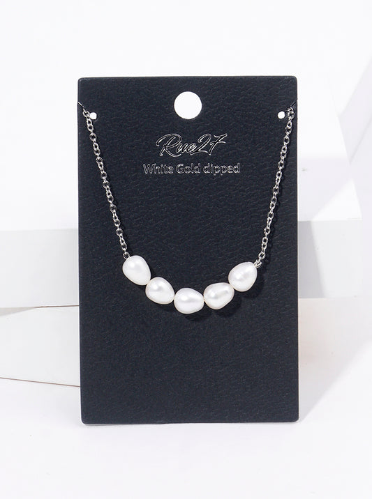 White Gold Dipped 5 Freshwater Pearls Pendant Necklace