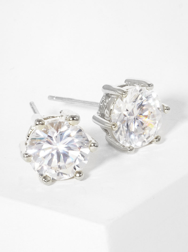 White Gold Dipped 8mm 6-prong Crown CZ Sterling Silver Post Stud Earrings