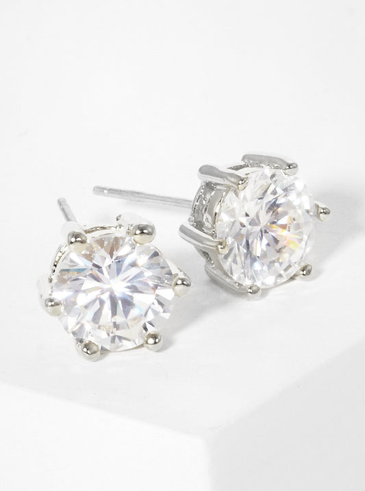 White Gold Dipped 8mm 6-prong Crown CZ Sterling Silver Post Stud Earrings