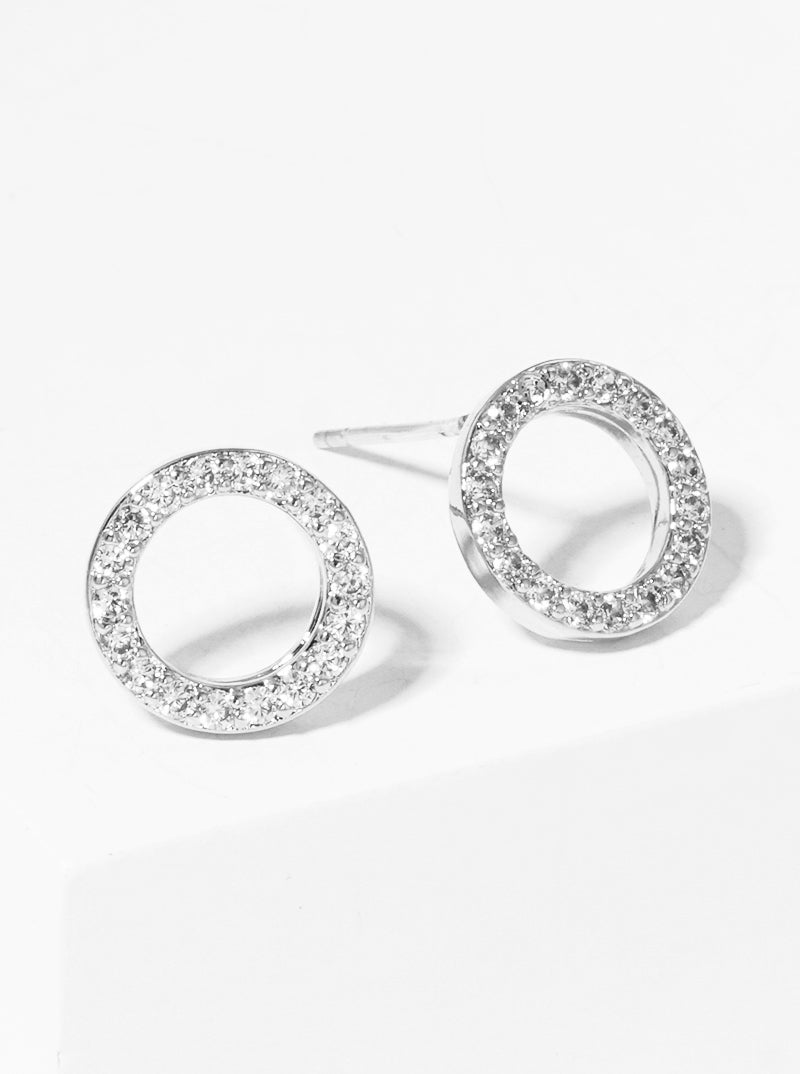White Gold Dipped 8mm CZ Pave Round Sterling Silver Post Stud Earrings
