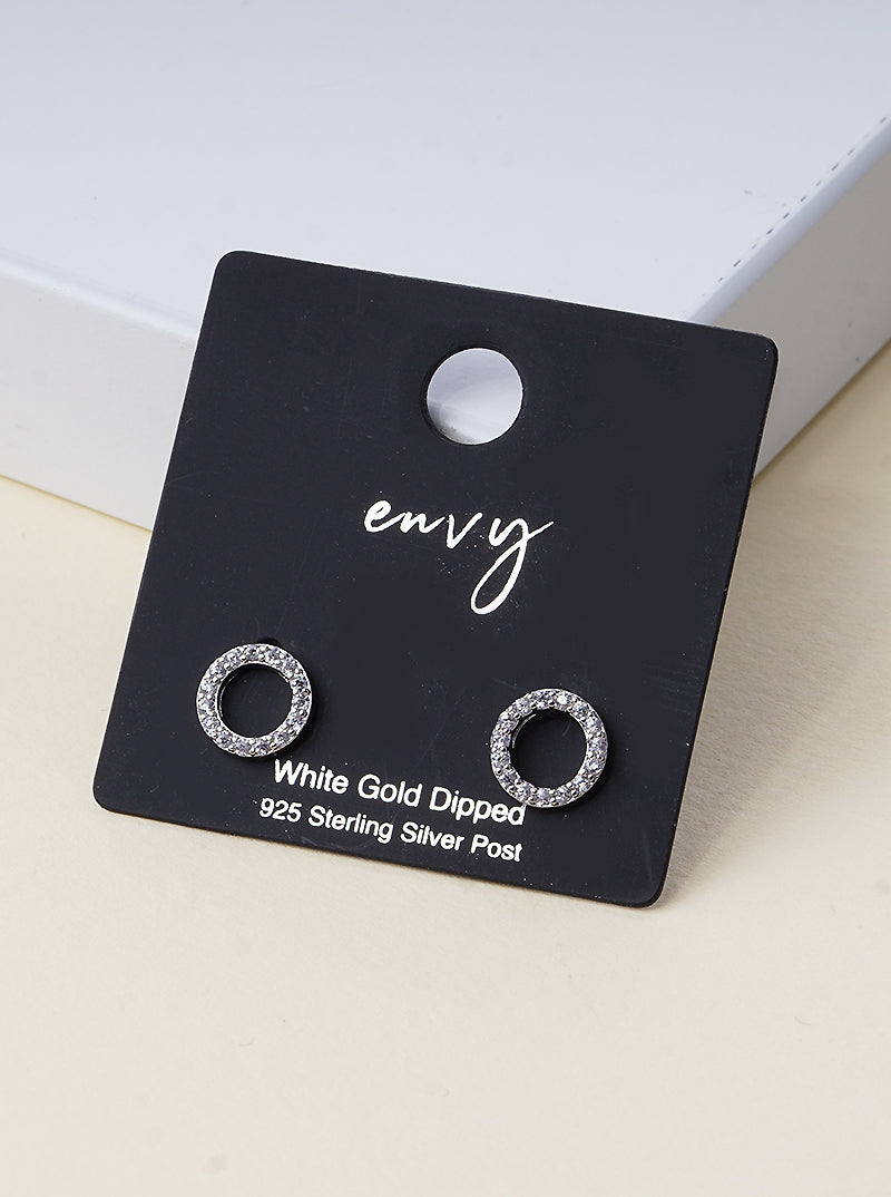 White Gold Dipped 8mm CZ Pave Round Sterling Silver Post Stud Earrings