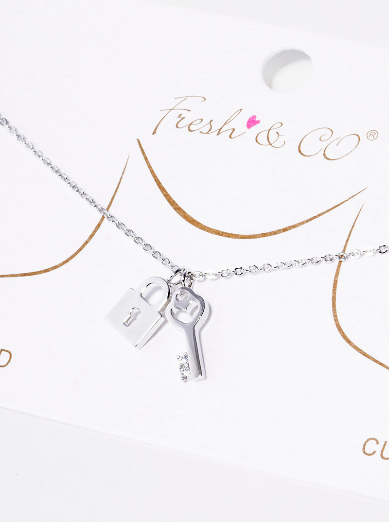 White Gold Dipped CZ  Padlock And Heart Key Pendant Delicate Necklace