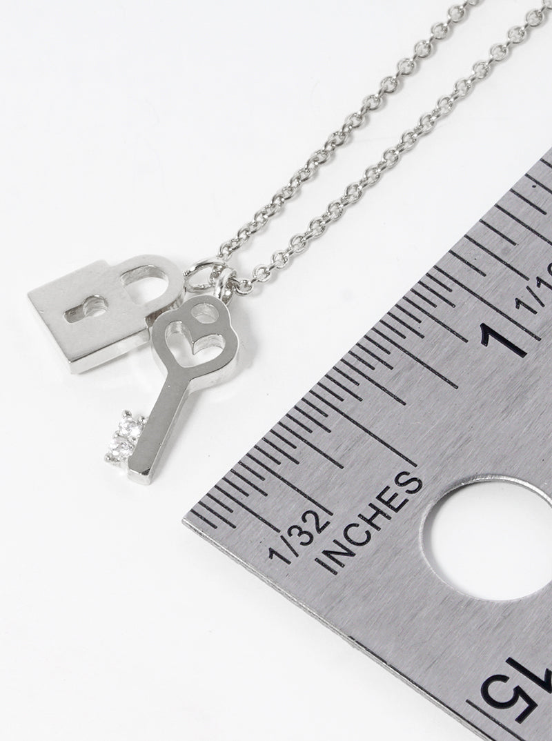 White Gold Dipped CZ  Padlock And Heart Key Pendant Delicate Necklace