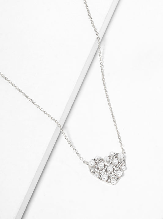 White Gold Dipped CZ And Glass Beaded Heart Pendant Necklace