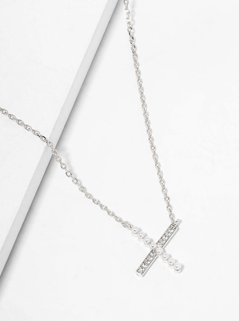 White Gold Dipped CZ And Pearl Beaded X Shape Pendant Delicate Necklace