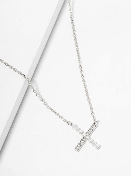 White Gold Dipped CZ And Pearl Beaded X Shape Pendant Delicate Necklace